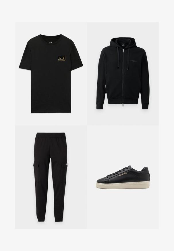 Sort lynlås hættetrøje lavet af blødt stof, med hætte, snore og præget logo detalje på brystet. Strømlinet pasform med ribbede manchetter.; Sort bomulds T-shirt med rund halsudskæring. Har et lille guld logo-patch på venstre bryst med teksten "AX Armani Exchange". Klassisk pasform.; Sorte cargobukser med elastisk talje, to sidelommer og logodetaljer på venstre side. Glat tekstur, der bliver smallere ved anklerne.; Sorte lædersneakers med en glat finish, kontrasterende cremefarvet sål, rund tå, guld logo på siden og seks huller til snørebånd.