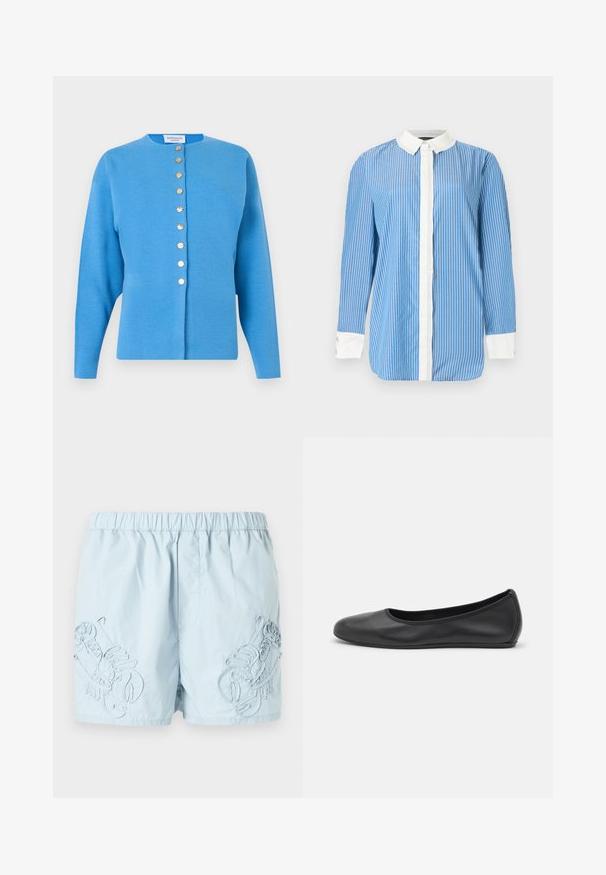 Cardigan bleu à manches longues avec encolure ronde et huit boutons dorés sur le devant.; Chemise bleue à manches longues avec des rayures verticales blanches, un col blanc, une patte de boutonnage avant blanche et des poignets blancs avec boutons.; Shorts de bain bleu clair avec broderie de homard sur les côtés, taille élastique et tissu lisse et léger.; Ballerines en cuir noir avec un bout rond, texture lisse, détails de couture minimalistes et design de semelle flexible.