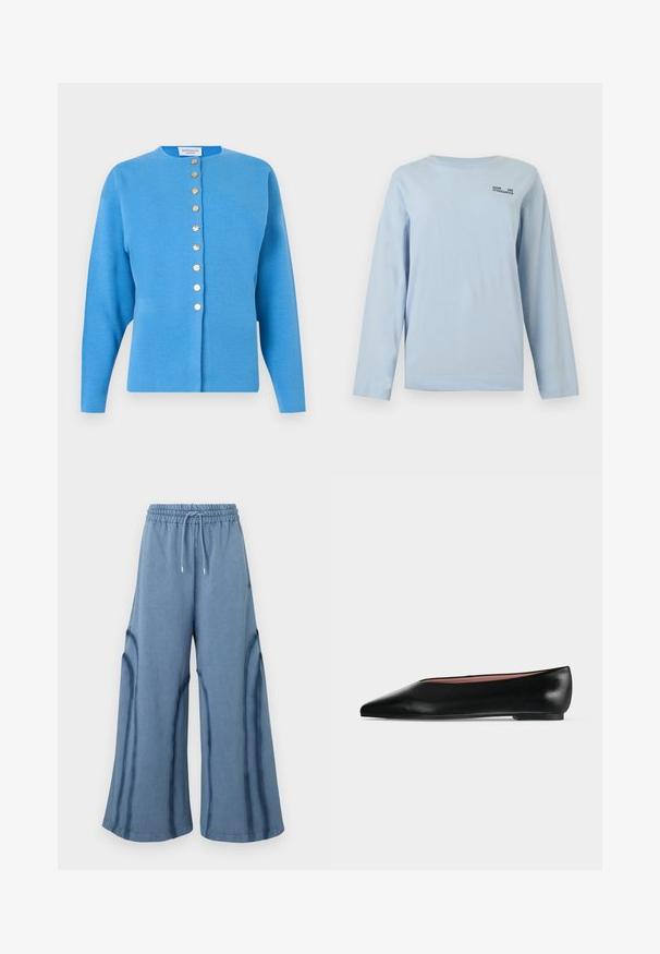 Cardigan bleu à manches longues avec encolure ronde et huit boutons dorés sur le devant.; T-shirt bleu clair à manches longues avec col rond, petit texte noir "BAUM UND PFERDGARTEN" sur le haut gauche de la poitrine.; Pantalons larges bleus avec taille élastique et cordon de serrage, présentant des détails de couture le long des jambes.; Chaussure plate en cuir noir pour femme, avec bout pointu et petit talon, vue de côté sur un fond gris clair uni.
