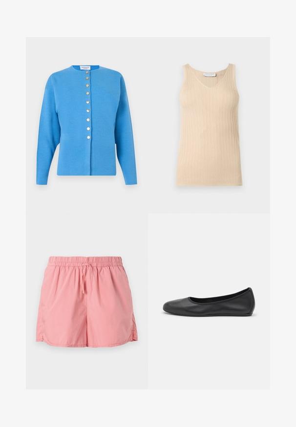 Cardigan bleu à manches longues avec encolure ronde et huit boutons dorés sur le devant.; Haut sans manches beige en maille côtelée avec un col en V et une étiquette "Tiger of Sweden" au niveau du col sur un fond clair uni.; Shorts roses en tissu léger, dotés d'une ceinture élastique avec un cordon de serrage, fentes latérales pour faciliter les mouvements.; Ballerines en cuir noir avec un bout rond, texture lisse, détails de couture minimalistes et design de semelle flexible.