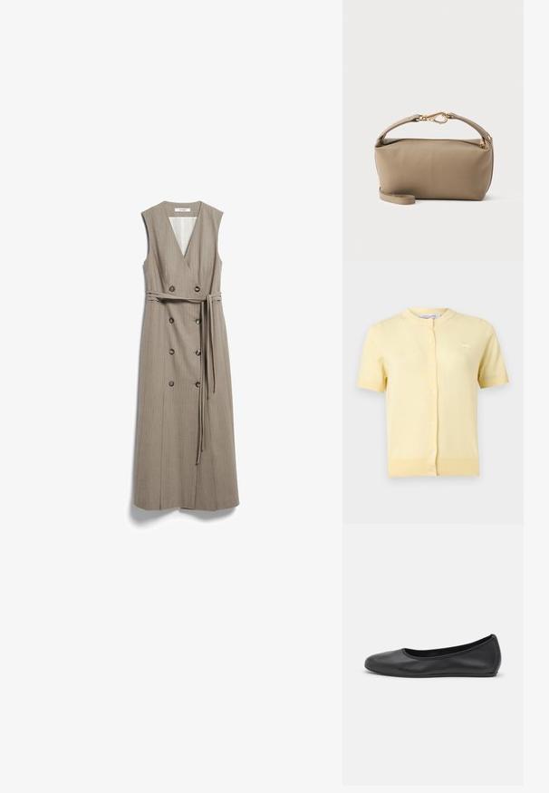 Cardigan à manches courtes jaune pâle avec boutons, col rond et petit logo animal brodé sur le côté gauche de la poitrine.; Robe midi beige sans manches avec col en V, boutons double boutonnage et ceinture assortie en tissu nouée à la taille.; Ballerines en cuir noir avec un bout rond, texture lisse, détails de couture minimalistes et design de semelle flexible.; Sac pochette en cuir taupe avec fermeture éclair et fermoir dorés, avec une lanière de poignet amovible sur un fond clair uni.