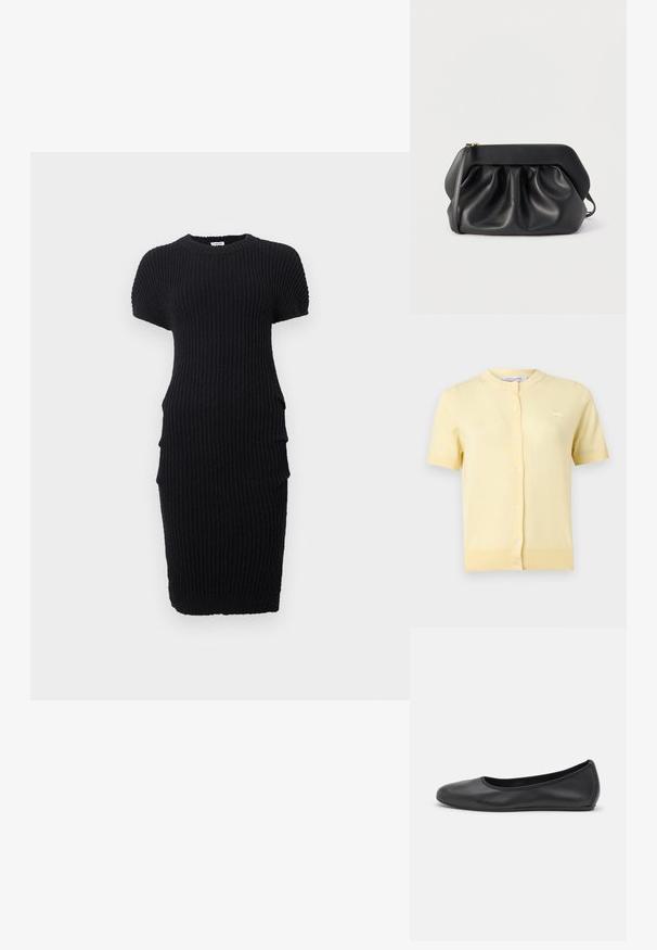 Cardigan à manches courtes jaune pâle avec boutons, col rond et petit logo animal brodé sur le côté gauche de la poitrine.; Robe courte en maille noire côtelée à manches courtes, col rond et silhouette ajustée, présentée sur fond blanc.; Ballerines en cuir noir avec un bout rond, texture lisse, détails de couture minimalistes et design de semelle flexible.; Pochette en cuir noir avec une structure rigide, des détails froncés et une fine lanière de poignet sur fond blanc.