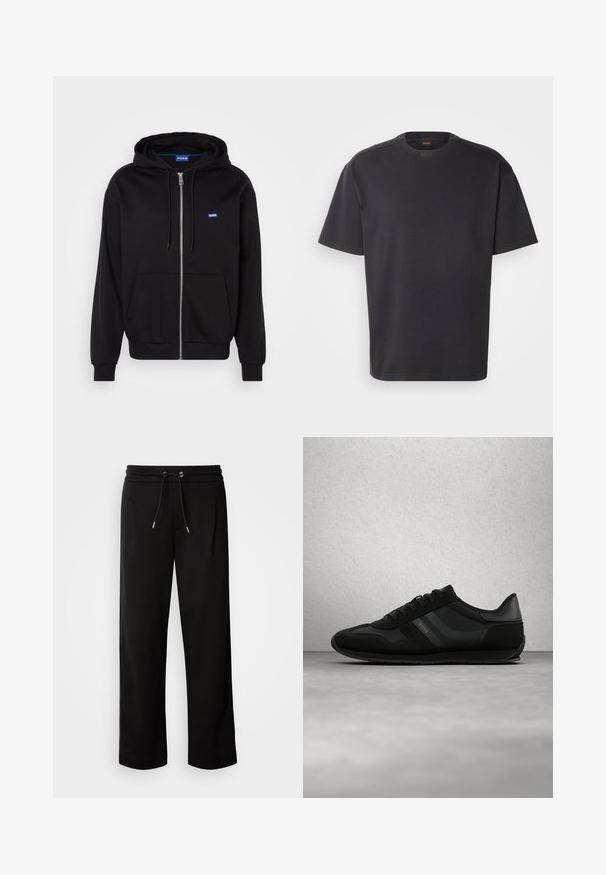 Zwarte zip-up hoodie van katoen met een kangoeroezak, verstelbare trekkoordkap en blauw logo op de linkerkant van de borst.; Zwarte T-shirt met korte mouwen van katoen, met een ronde halslijn en subtiele branding bij de kraag. Gladde textuur met een relaxte pasvorm.; Zwarte, loszittende joggingbroek van zachte stof, met een elastische tailleband met een trekkoord en zijzakken.; Zwart sportschoen met een bovenwerk van glad leer en mesh, vetersluiting en subtiel merklogo aan de zijkant en op de tong. Rubberen zool.