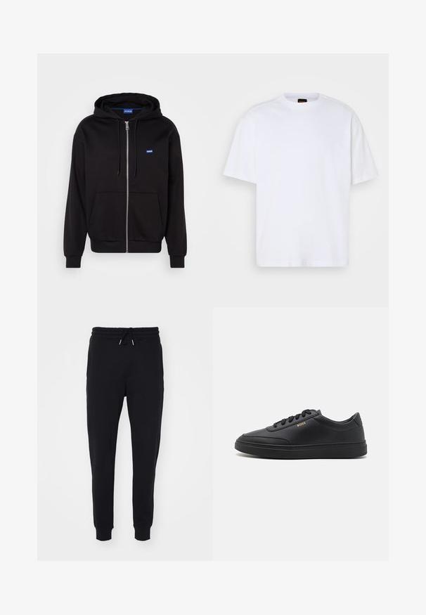 Sudadera con cremallera negra hecha de algodón, con un bolsillo canguro, capucha ajustable con cordón y un logo azul en la parte izquierda del pecho.; Camiseta de algodón blanca con cuello redondo, mangas cortas y un corte relajado. Presenta costuras de hombro texturizadas para un detalle adicional.; Pantalones de chándal negros de tela suave, con cintura elástica y cordón, bolsillos laterales y puños en los tobillos.; Zapatillas de cuero negro con una textura suave, punta redondeada, suela plana de goma y cordones a tono. Presentan el logotipo dorado "BOSS" en el lateral.
