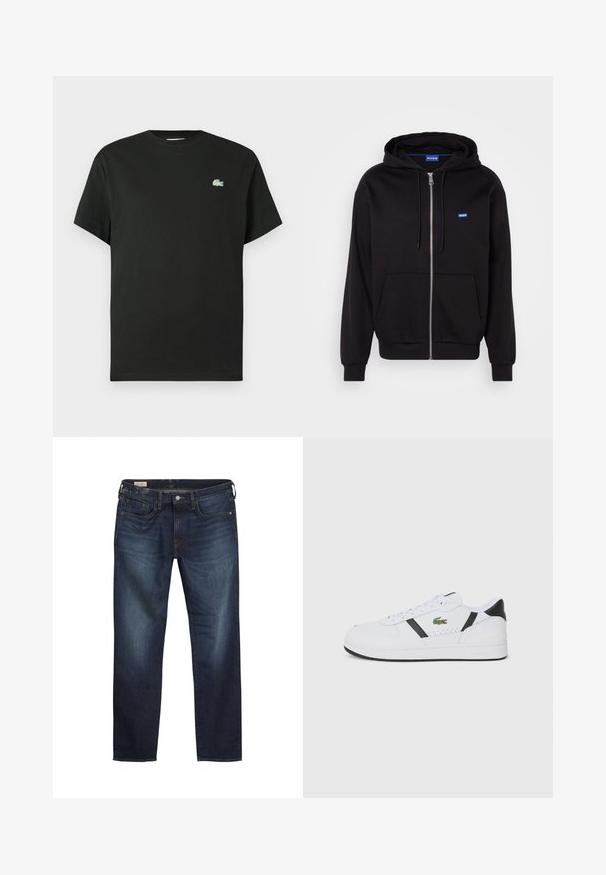 Sudadera con cremallera negra hecha de algodón, con un bolsillo canguro, capucha ajustable con cordón y un logo azul en la parte izquierda del pecho.; Camiseta de algodón negra con cuello redondo, mangas cortas y un logo bordado verde en el lado izquierdo del pecho. Textura suave, corte holgado.; Jeans de mezclilla azul oscuro con un diseño de pierna recta, ligero desgaste en la parte delantera, cinco bolsillos y cierre de botón plateado.; Zapatilla deportiva blanca con detalles en negro, diseño de cordones, secciones perforadas y un logo verde de Lacoste en el lateral. Suela de goma texturizada.