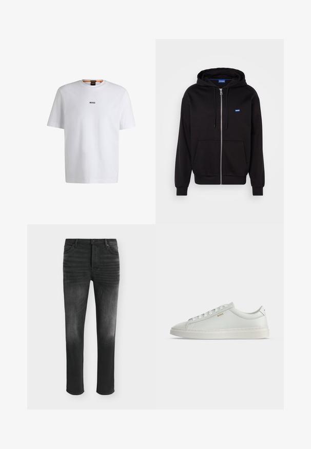 Schwarze Zip-Hoodie aus Baumwolle mit Kängurutasche, verstellbarem Kordelzug und blauen Logo auf der linken Brustseite.; Weißes Baumwoll-T-Shirt mit kurzen Ärmeln, ausgestattet mit einem schwarzen "BOSS"-Logo, das mittig auf der Brust platziert ist, und einem runden Halsausschnitt.; Schwarze Skinny-Jeans mit ausgebleichten Details, Fünf-Taschen-Stil und Knopfverschluss in der Taille.; Weißer Leder-Sneaker in niedriger Ausführung mit Schnürsenkeln, flacher Sohle und kleinem goldfarbenem "BOSS" Logo an der Seite, von der Außenseite betrachtet.