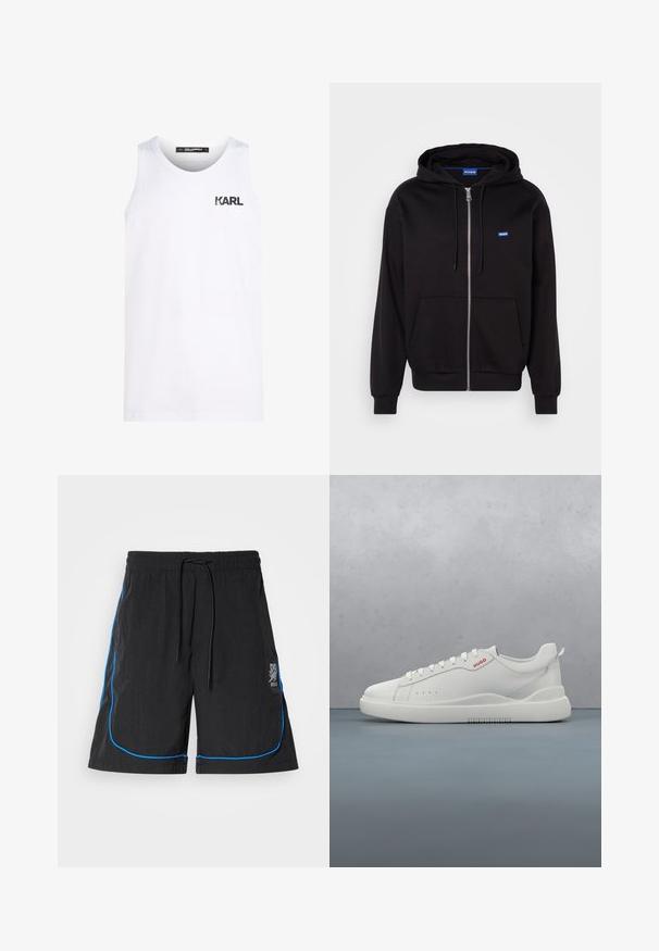 Schwarze Zip-Hoodie aus Baumwolle mit Kängurutasche, verstellbarem Kordelzug und blauen Logo auf der linken Brustseite.; Weißes Tanktop aus Baumwolle mit rundem Halsausschnitt. Mit einem schwarzen Logodruck auf der Brust. Einfaches Design und ärmelloser Stil.; Schwarze Badeshorts mit einem Kordelzugbund, die blaue Paspeln entlang der Nähte und ein Logo am linken Oberschenkel aufweisen. Leichtes Material.; Weiße Sneaker aus glattem Leder, runde Spitze, vier Ösen, dezente Perforationen und ein rotes Logodetail an der Seite.