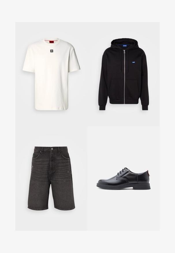Sudadera con cremallera negra hecha de algodón, con un bolsillo canguro, capucha ajustable con cordón y un logo azul en la parte izquierda del pecho.; Camiseta de algodón blanca con cuello redondo, mangas cortas y un pequeño logotipo cuadrado negro con "HUGO" en el pecho. Diseño sencillo, textura suave.; Shorts de mezclilla negra con un corte relajado, que cuentan con bolsillos frontales, una textura desgastada y una cinturilla clásica con un cierre de botón sencillo.; Zapatos de piel negra con cordones, textura lisa, puntera redondeada y detalles sutiles de costura. Cuentan con una lengüeta roja en el talón.