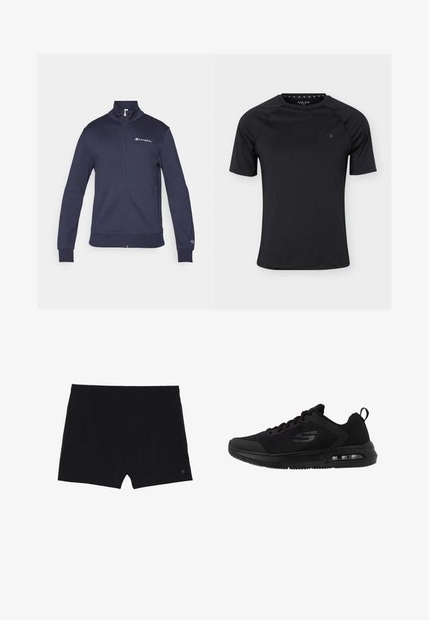 Veste de sport bleu marine zippée avec col haut, logo Champion sur la poitrine et la manche, et poches latérales.; T-shirt de sport noir à manches courtes avec col rond et petit logo sur la poitrine gauche, présenté sur un fond clair uni.; Shorts de sport noirs avec une texture lisse, une taille élastique et deux poches latérales. Présente un petit logo sur le bas à droite.; Des chaussures de sport noires avec une tige en mesh respirant, des accents texturés, une semelle intermédiaire rembourrée et une unité d'air visible dans la semelle pour le confort.