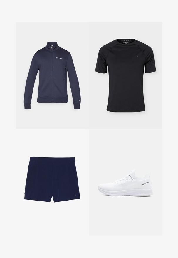 Marineblauwe sportjas met rits, hoge kraag, Champion-logo op borst en mouw, en zijzakken.; Zwart sport T-shirt met korte mouwen en een ronde hals met klein logo op de linkerborst, weergegeven op een effen lichte achtergrond.; Marineblauwe zwemboxers van lichtgewicht stof, met een elastische tailleband en twee zijzakken voor opbergruimte.; Witte lage sneaker van gebreid materiaal met een gestructureerde zool, veters aan de voorkant en het "JACK & JONES" logo aan de zijkant van de hielkraag.