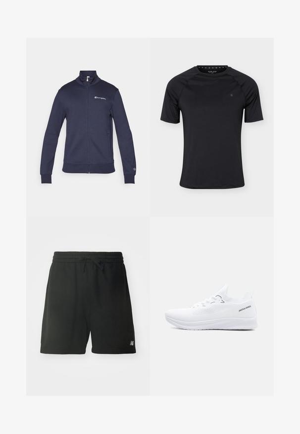 Sportssjakke i marineblåt med lynlås, høj krave, Champion-logo på bryst og ærme samt sidelommer.; Sort sport T-shirt med korte ærmer og rund halsudskæring med lille logo på venstre bryst, vist på ensartet lyst baggrund.; Sorte bomulds sportsbukser med elastisk talje, justerbar snøre og logo detajle på nederste venstre ben. Glat tekstur.; Hvid strikket lavtop-sneaker med tekstureret sål, snørelukning foran og "JACK & JONES" logo på hælkantens side.