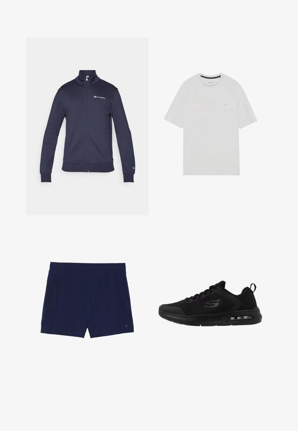 Chaqueta deportiva azul marino con cremallera, cuello alto, logo de Champion en el pecho y la manga, y bolsillos laterales.; Camiseta blanca de manga corta con cuello redondo, que presenta mangas raglán, un logo sutil en el pecho y un ribete de color contrastante en el cuello.; Bañadores azul marino hechos de tejido ligero, con una cinturilla elástica y dos bolsillos laterales para almacenamiento.; Zapatillas deportivas negras con una parte superior de malla transpirable, acentos texturizados, entresuela acolchada y una unidad de aire visible en la suela para mayor comodidad.
