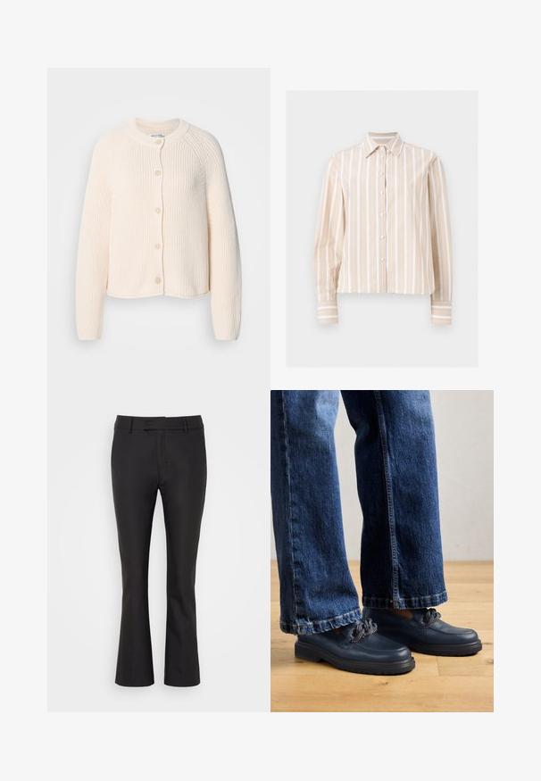 Lyst beige strikket cardigan med rund halsudskæring, seks knapper og ribbet tekstur med dropped shoulders og cropped pasform.; Beige og hvid langærmet skjorte med vertikale striber, spidst krave og knapper ved manchetter, vist på en lys flad baggrund.; Sorte buksestropper lavet af glat stof, med flad front, bæltestropper og en ren kant for et skræddersyet udseende.; Mørkeblå lædersko med en kraftig sål og kæde detalje på overdelen, parret med løstsiddende mørkeblå denim jeans.