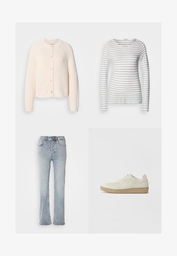 Cardigan tricoté beige clair avec un col rond, six boutons, et une texture côtelée avec des épaules tombantes et une coupe raccourcie.; Haut à manches longues rayé en tissu doux, comprenant des rayures alternées de gris clair et de blanc. Encolure en scoop et design ajusté avec des manches longues.; Jeans en denim bleu clair avec une taille haute, une coupe droite et une légère évasement à l'ourlet. Dotés de surpiqûres décoratives et d'une fermeture éclair.; Baskets en daim beige avec un design texturé, semelle en caoutchouc plate et couture latérale distincte. Bout arrondi et col rembourré.