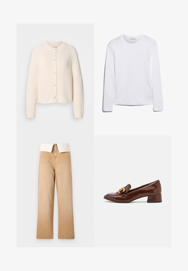 Cardigan tricoté beige clair avec un col rond, six boutons, et une texture côtelée avec des épaules tombantes et une coupe raccourcie.; T-shirt blanc à manches longues en coton côtelé, avec un col rond et un ourlet droit. Design simple sans motifs ni accents.; Pantalon large à taille haute beige avec fermeture visible par bouton et fermeture éclair, assorti d'un col de chemise blanc rentré.; Mocassins en cuir marron avec une finition brillante, dotés d'une boucle décorative en or à l'avant et d'un talon bas. Design classique.