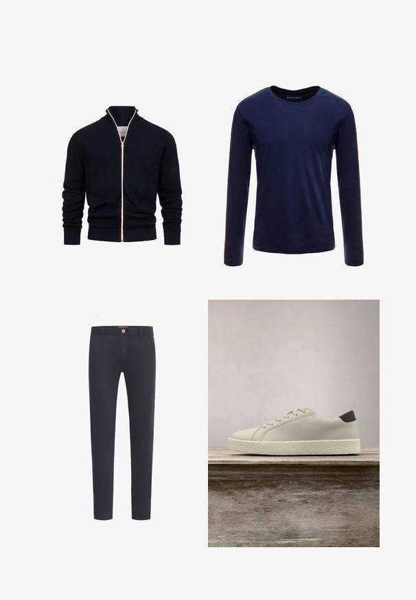 Suéter de punto azul marino con cremallera y cuello alto, que presenta una cremallera naranja en contraste, puños acanalados y un patrón texturizado.; Camiseta de manga larga color marino hecha de algodón suave, con un clásico cuello redondo y una textura lisa sin patrones ni acentos visibles.; Pantalones azul marino hechos de una tela suave, con un ajuste regular, diseño de cinco bolsillos y cierre frontal con botón.; Zapatilla blanca con suela texturizada y detalle negro en el talón, flotando sobre un banco de madera con hierba alta y verde de fondo.