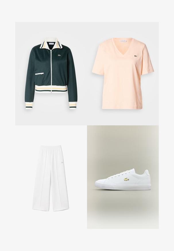 Mørkegrøn zip-up jakke med hvid og gul striped krave, ribbede manchetter og talje; har en lille lynlåslomme på forsiden.; Lyse ferskenfarvet v-hals t-shirt i bomuld med korte ærmer, med en lille grøn Lacoste-logo på venstre brystområde.; Hvide bukser med brede ben, elastisk taljebånd, blød stoftekstur, centralt plissering og et lille Lacoste-logo broderet på siden.; Hvid sneaker lavet af glat læder med en rund tå, flade snørebånd og et lille guld logo. Har en struktureret gummisål og et enkelt design.
