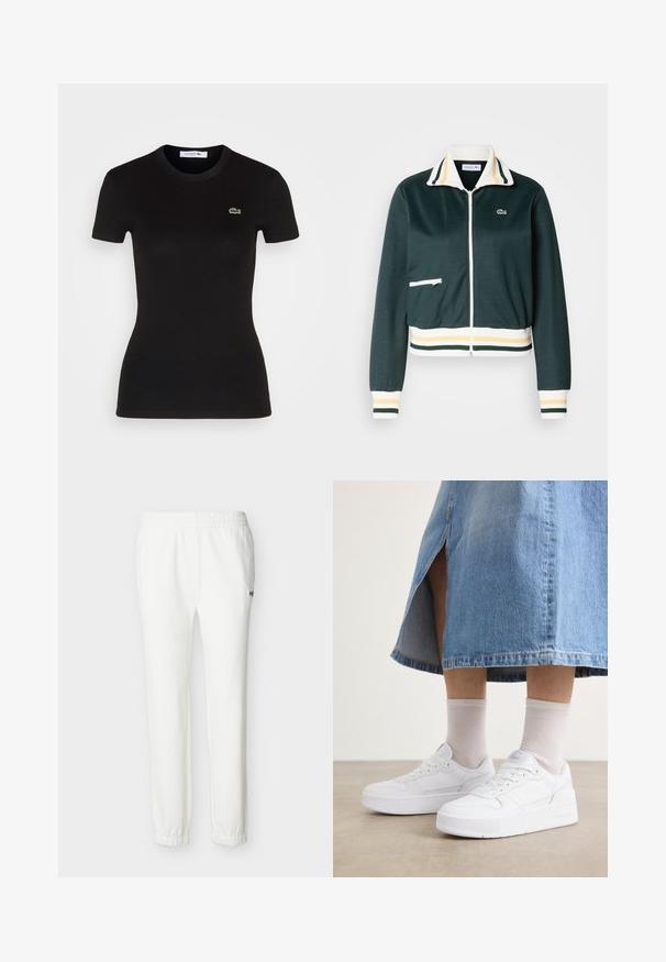 Donkergroene zip-up jas met witte en gele gestreepte kraag, ribgebreide manchetten en tailleband; beschikt over een klein ritsvakje aan de voorkant.; Zwart geribd T-shirt met korte mouwen en een ronde hals, met een klein groen Lacoste krokodil logo op de linkerkant van de borst.; Witte casual joggerbroek met elastische tailleband en manchetten, met een klein geborduurd logo op de bovenste dij.; Witte sneakers van textiel leer, met een platformzool, ronde neus en vetersluiting; gecombineerd met lichtgrijze crew-sokken en een spijkerrok.