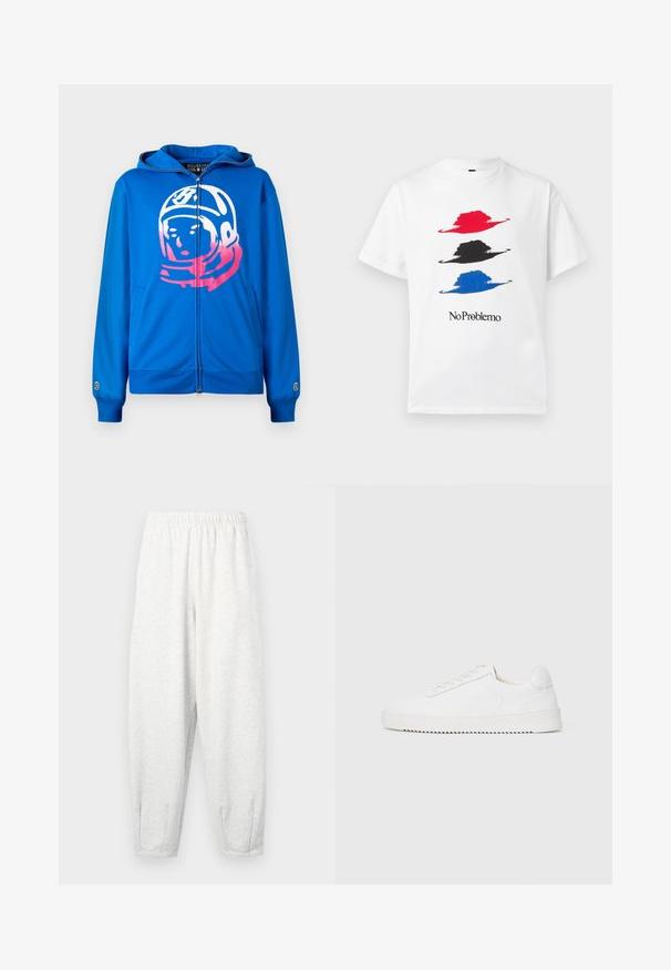 Blaues Zip-up Hoodie mit einem pink-weißen Astronauten-Motiv auf der Vorderseite. Hergestellt aus weichem Material mit seitlichen Taschen und gerippten Bündchen.; Weißes T-Shirt mit drei stilisierten Hüten in Rot, Schwarz und Blau, darunter der schwarze Text "No Problemo".; Hellgraue Sweatpants aus weichem Stoff, mit einem elastischen Bund, schmal zulaufenden Beinen und Fußbündchen. Einfaches Design ohne Muster.; Weißer Sneaker mit einem Obermaterial aus glattem Leder, abgerundetem Zehenbereich, Schnürsenkeln, strukturierten seitlichen Akzenten und einer dicken Gummisohle. Minimalistisches Design.