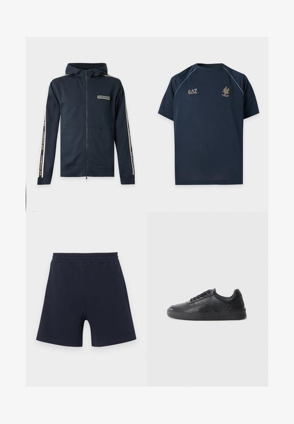 Sweat à capuche bleu marine zippé avec capuche, manches longues et bandes blanches siglées courant le long des bras, marqué EA7 Emporio Armani sur la poitrine et les manches.; T-shirt de sport bleu marine à manches courtes avec col rond, liserés blancs aux épaules, et deux logos dorés sur la poitrine.; Shorts décontractés bleu marine avec taille élastique et poches latérales, ornés d'un logo discret sur la partie inférieure de la jambe gauche.; Chaussure de sport en cuir noir avec une finition lisse, bout arrondi, panneau latéral texturé et lacets noirs. Présente une semelle en caoutchouc plate et un design minimaliste.