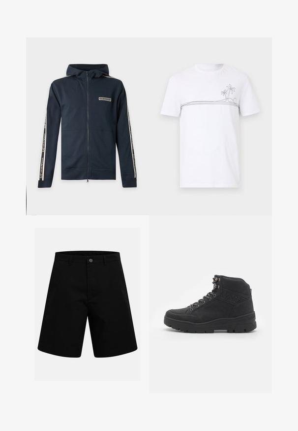 Marineblaue Kapuzenjacke mit Reißverschluss, Kapuze, langen Ärmeln und weißen gebrandeten Streifen entlang der Arme, mit der Aufschrift EA7 Emporio Armani auf Brust und Ärmeln.; Weißes T-Shirt mit kurzen Ärmeln und einem dünnen schwarzen Linien-Design über der Brust mit zwei Palmen und einer Sonne oder einem Mond.; Schwarze knielange Shorts mit Gürtelschlaufen, Knopfverschluss und Seitentaschen vor einem einfarbigen hellen Hintergrund.; Schwarze Stiefeletten bis zur Mitte des Knöchels aus Wildleder. Mit metallischen Ösen, Schnürsenkeln und einer strukturierten Gummisohle mit verstärktem Absatz.