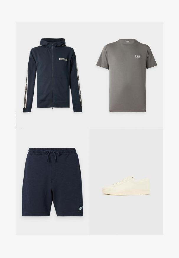Sweat à capuche bleu marine zippé avec capuche, manches longues et bandes blanches siglées courant le long des bras, marqué EA7 Emporio Armani sur la poitrine et les manches.; T-shirt gris à manches courtes avec col rond et logo blanc EA7 Emporio Armani sur la poitrine gauche et à l'intérieur du col.; Short bleu marine pour homme avec taille élastique et cordon, avec petit logo "BOSS" sur la partie inférieure de la jambe gauche.; Baskets couleur crème avec une tige en cuir lisse, bout arrondi, laçage à l'avant et semelle en caoutchouc texturée. Design minimaliste, sans logo.