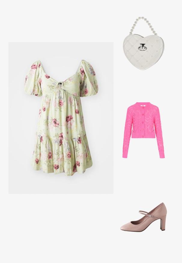 Leuchtend pinke, gestrickte Strickjacke mit langen Ärmeln, Knopfleiste, gerippten Bündchen und Saum, mit einem spitzenbesetzten geometrischen Muster.; Blumenkleid aus leicht grünem Stoff mit Rüschenshirts, gerafftem Oberteil und gestuftem Rock mit rosa und lila Rosenmustern.; Rosa Lederschuh mit Absatz, abgerundeter Spitze, Knöchelriemen und gewelltem Rand. Verfügt über einen schlanken Blockabsatz für zusätzlichen Halt.; Weiße gestepptes herzförmige Handtasche mit Perlenhenkel und silbernem Verschluss, der zwei augenförmige Details zeigt.