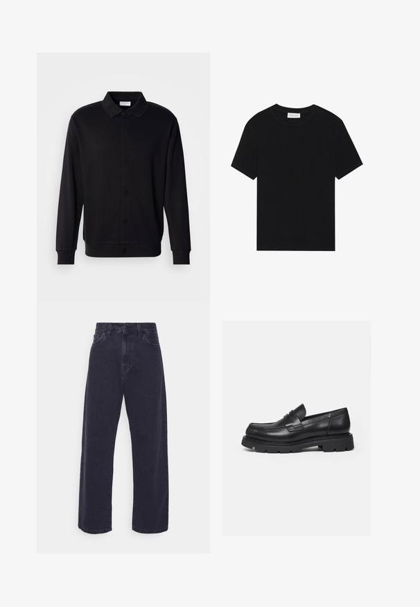 Lindbergh Sudadera con cremallera - black; Camiseta negra de manga corta hecha de tela de canalé, con un escote redondo y una silueta sencilla y cuadrada.; Jeans de mezclilla de lavado oscuro con silueta de pierna ancha, cintura alta y diseño de cinco bolsillos. Presenta un cierre clásico de botón y cremallera.; Mocasín negro de cuero con suela gruesa y acanalada y detalle de tira para moneda, mostrado en perfil lateral derecho sobre fondo blanco.