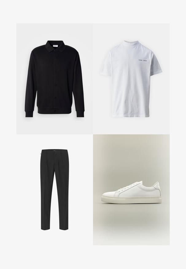 Lindbergh Sweatjakke - black; Hvid bomulds t-shirt med høj halsudskæring og korte ærmer. Har "SAMSØE SAMSØE" logo i sort på forsiden. Glat tekstur.; Sorte skræddersyede bukser med et elegant design, der har frontfolder, lige ben og en glat tekstur. Minimalt hardware og ingen synlige mønstre.; Hvid lavtop sneaker med snørebånd foran og tyk sål, vist fra siden mod en neutral baggrund.