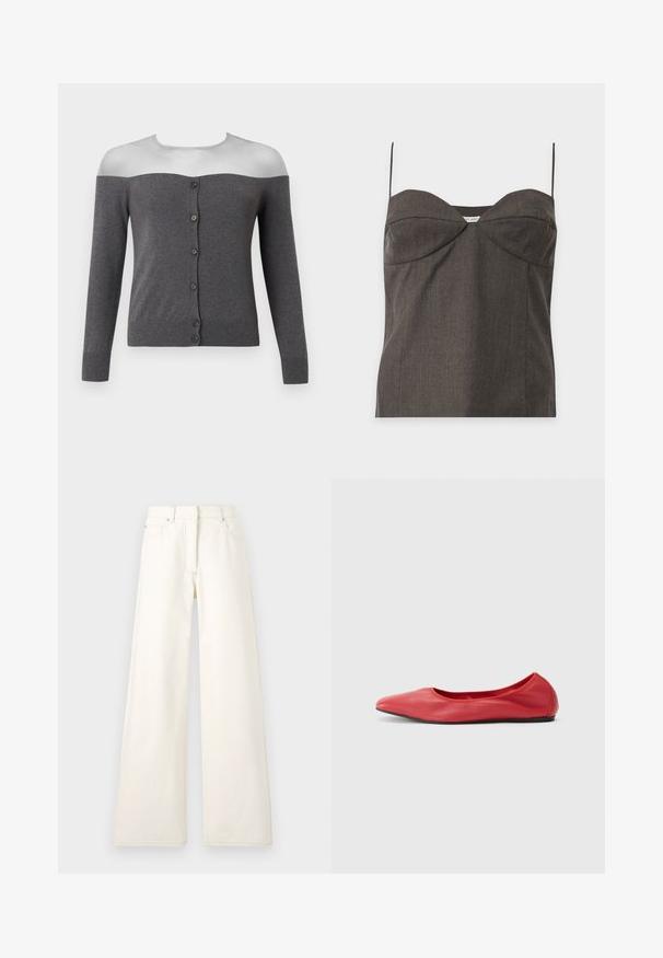 Cardigan gris foncé à épaules dénudées avec manches longues et une rangée avant de six boutons noirs, présenté sur un mannequin sans tête.; Haut bustier gris foncé sans bretelles avec fines bretelles spaghetti et détails subtils de coutures sur fond blanc.; Pantalons larges de couleur crème en denim avec des coutures visibles et des poches. Le design présente une taille haute et une coupe droite.; Filippa K REY FLATS - Ballerines - bright red