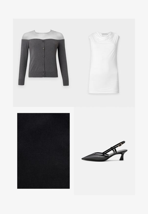 Cardigan gris foncé à épaules dénudées avec manches longues et une rangée avant de six boutons noirs, présenté sur un mannequin sans tête.; Haut blanc sans manches avec encolure drapée, en tissu lisse, étiqueté Tiger of Sweden sur fond uni.; Texture de tissu noir avec un motif de tissage diagonal subtil et de légères variations de couleur.; Chaussure slingback noire à bout pointu avec tige en mesh, fines brides, boucle dorée et petit talon incurvé sur fond blanc.