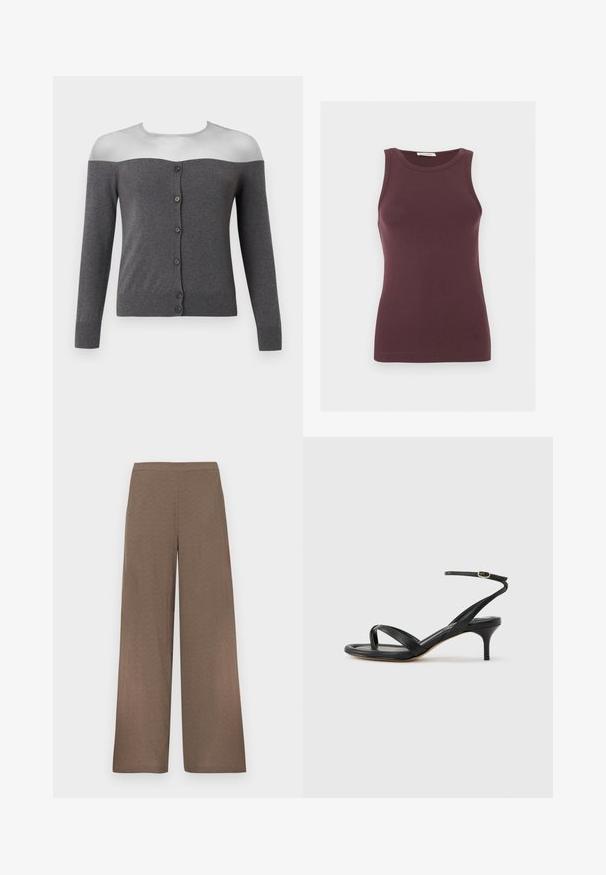 Cardigan gris foncé à épaules dénudées avec manches longues et une rangée avant de six boutons noirs, présenté sur un mannequin sans tête.; Débardeur ajusté sans manches de couleur violet foncé avec un col rond et un logo discret près de l'ourlet, présenté sur un fond clair uni.; Pantalon marron à jambes larges avec ceinture plate, sans poches ni fermetures visibles, présenté sur un fond blanc.; Sandale pour femme en cuir noir avec fines lanières, une boucle d'orteil, une boucle à la cheville et un talon aiguille de hauteur moyenne sur un fond neutre.