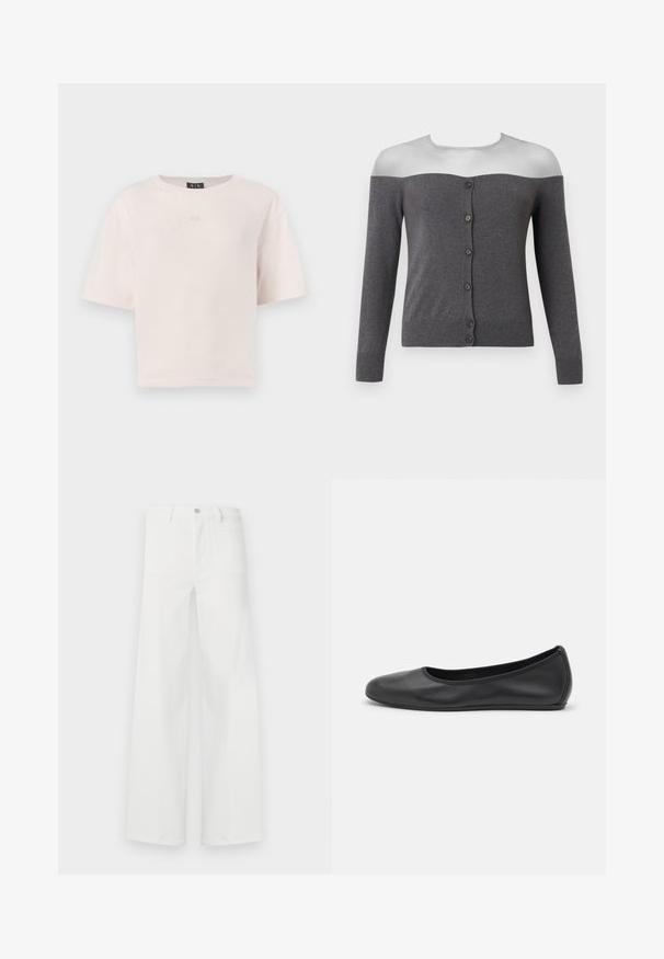 Cardigan gris foncé à épaules dénudées avec manches longues et une rangée avant de six boutons noirs, présenté sur un mannequin sans tête.; T-shirt rose clair à manches courtes en coton doux. Il présente un col rond et un logo "AX" en relief sur le devant. Coupe décontractée.; Jean blanc à taille haute et jambes larges, avec poches avant, passants de ceinture et fermeture par bouton, présenté sur un fond uni.; Ballerines en cuir noir avec un bout rond, texture lisse, détails de couture minimalistes et design de semelle flexible.