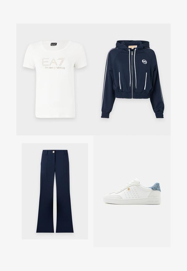 Sudadera con capucha corta de cremallera en azul marino con cordones blancos, franjas laterales, bolsillos delanteros, puños y bajo elásticos, y logo de MK en el pecho.; Camiseta de algodón blanca con un escote redondeado, que presenta un logo de EA7 Emporio Armani en strass en el pecho. Mangas cortas.; Pantalones de pierna ancha en azul marino con bolsillos parche delanteros, trabillas para cinturón y un cierre visible con un solo botón en la pretina.; Zapatilla deportiva blanca de corte bajo con lateral perforado, detalle de logo dorado, pestaña trasera azul texturizada y suela con marca sobre fondo liso.