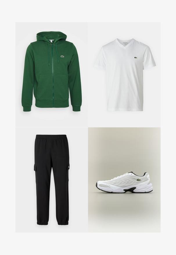 Sudadera verde con cremallera, con bolsillos tipo canguro, capucha con cordón y acento de logo. Fabricada en un material suave con una textura lisa.; Camiseta blanca de algodón con cuello en V, mangas cortas y un pequeño logo de cocodrilo verde en el lado izquierdo del pecho. Diseño simple y ligero.; Pantalones de chándal negros con cintura elástica, puños ajustados y bolsillos laterales tipo cargo. Fabricados con material suave y textura lisa.; Zapatilla deportiva blanca con parte superior de malla texturizada, diseño curvado y suela exterior negra en contraste. Presenta un logo verde bordado en el lateral.