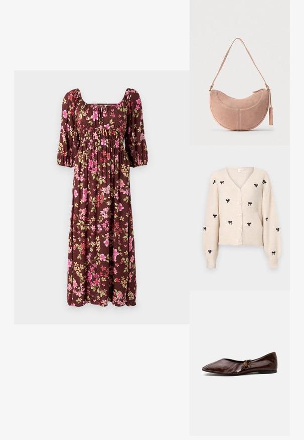 Beige strikket cardigan med V-udskæring, der har sorte broderede sløjfer, lange ærmer og hvide knapper foran.; Brun blomster maxi kjole med puffærmer, firkantet udskæring og rynket bodice med pink og gule blomstermønstre. Blødt stof.; Mørkebrun spids læder flad sko med en dekorativ sløjfe og træperler på siden mod en hvid baggrund.; Lyserød ruskindshåndtaske med en buet, halvmåneform, en enkelt strop og lynlås. Har syningsdetaljer og en dusk som pynt.