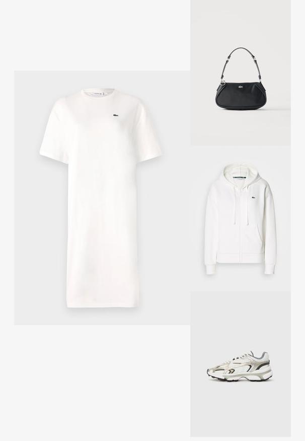 Sudadera blanca con cremallera hecha de tela suave, que cuenta con una capucha, bolsillos tipo canguro y un pequeño logo verde de Lacoste en el lado izquierdo del pecho.; Vestido blanco de camiseta hecho de algodón, con cuello redondo, mangas cortas y un pequeño logo verde en el pecho. Silueta simple y recta.; Zapatilla chunky en blanco, gris y plateado metálico con paneles texturizados. Presenta una gruesa suela de goma negra y un diseño de superposición distintivo.; Bolso de hombro negro con correa ajustable, cierre de cremallera y pequeño logo plateado de cocodrilo en el centro delantero.