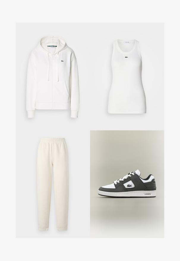 Witte zip-up hoodie gemaakt van zachte stof, met een capuchon, kangoeroezakken en een klein groen Lacoste-logo op de linkerborst.; Witte mouwloze tanktop met een ronde hals en geribbelde textuur. Heeft een klein groen Lacoste krokodillogo op de borst.; Crème-kleurige sweatpants gemaakt van zachte stof. Bevat een elastische tailleband en een taps toelopend ontwerp met subtiele stikdetails.; Zwart-witte Lacoste sneaker met witte veters, geperforeerde neus, krokodillogo aan de zijkant en merksol op een neutrale achtergrond.