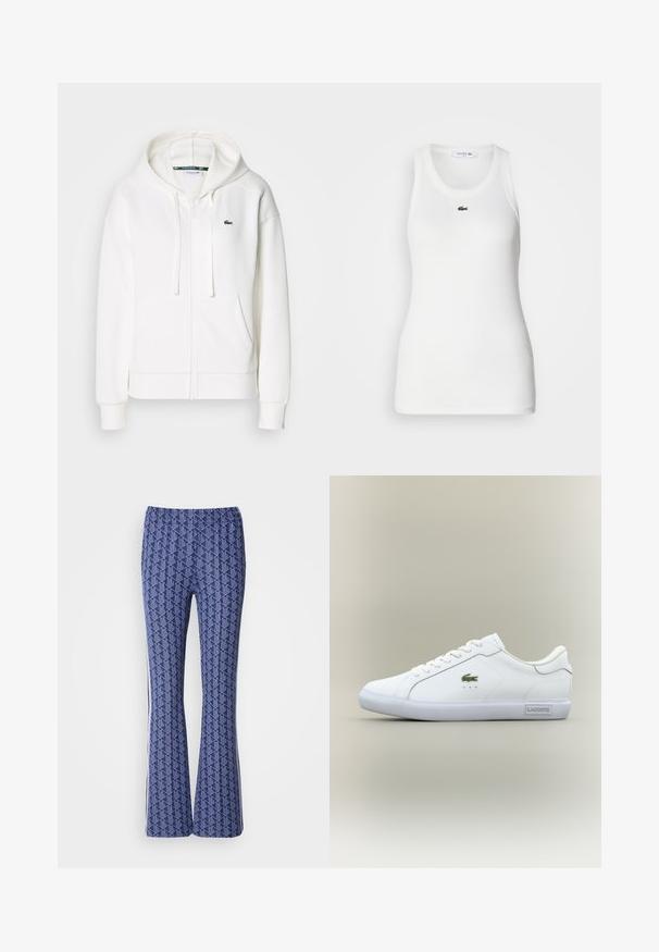 Hvid zip hoodie lavet af blødt stof, med hætte, kængurulommer og et lille grønt Lacoste-logo på venstre bryst.; Hvid ærmeløs tanktop med rund halsudskæring og ribbet tekstur. Har et lille grønt Lacoste krokodillelogo på brystet.; Blå mønstrede bukser med udvidet ben, der har et geometrisk design, elastisk talje og hvide striber på siderne. Glat tekstur hele vejen igennem.; Hvide sneakers med lav hæl og hvide snørebånd, grønt krokodille-logo på siden og "Lacoste" mærke på sålen mod en neutral baggrund.