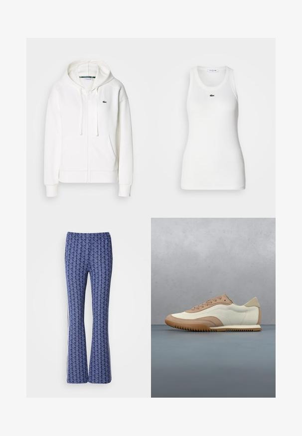 Veste à zip blanche en tissu doux, dotée d'une capuche, de poches kangourou et d'un petit logo vert Lacoste sur la poitrine gauche.; Débardeur blanc sans manches avec un col rond et une texture côtelée. Présente un petit logo crocodile vert de Lacoste sur la poitrine.; Pantalons évasés à motif bleu présentant un design géométrique, une taille élastique et des rayures blanches sur les côtés. Texture lisse sur toute la surface.; Baskets crème et beige avec une tige texturée, des lacets et une semelle en caoutchouc, présentées au-dessus d'une surface en bois avec des cailloux.