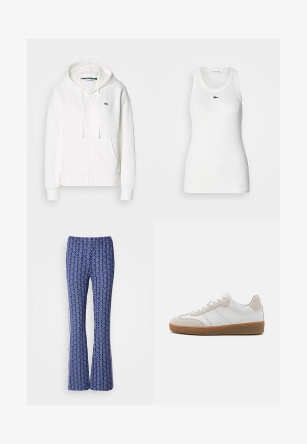 Biely zipsový mikina vyrobená z mäkkej tkaniny, s kapucňou, klokankovými vreckami a malým zeleným logom Lacoste na ľavej hrudi.; Biela bezrukávová tielko s okrúhlym výstrihom a rebrovanou textúrou. Na hrudi má malú zelenú kroko logo Lacoste.; Modré vzorované rozšírené nohavice so geometrickým dizajnom, elastickým pásom a bielymi pruhmi po stranách. Hladká textúra po celej ploche.; Biele kožené tenisky s béžovými semišovými akcentmi, textúrovaným jazykom a gumovou podrážkou. Obsahuje biele šnúrky a nenápadné šité detaily.