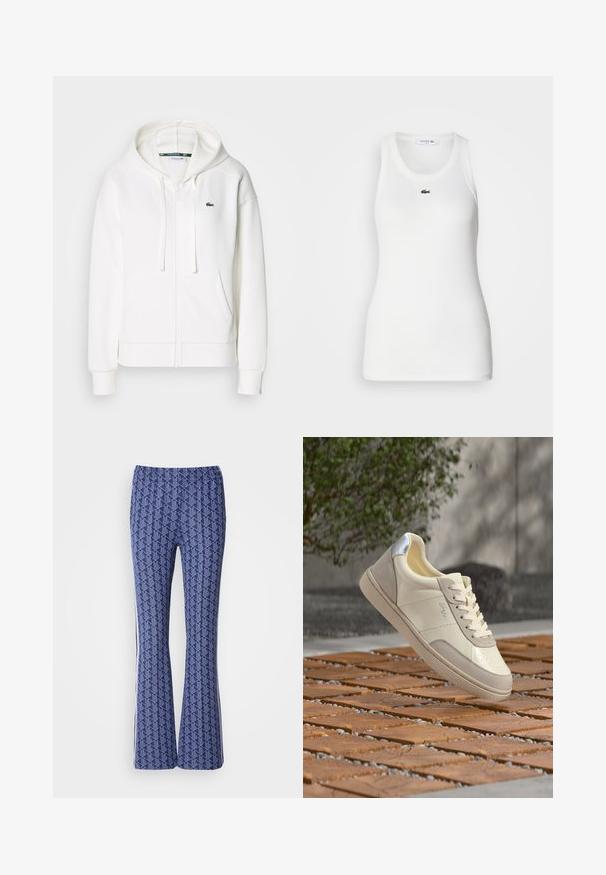 Hvid zip hoodie lavet af blødt stof, med hætte, kængurulommer og et lille grønt Lacoste-logo på venstre bryst.; Hvid ærmeløs tanktop med rund halsudskæring og ribbet tekstur. Har et lille grønt Lacoste krokodillelogo på brystet.; Blå mønstrede bukser med udvidet ben, der har et geometrisk design, elastisk talje og hvide striber på siderne. Glat tekstur hele vejen igennem.; Beige og cremefarvet sneaker med sølv hældetalje, snørebånd bundet, placeret over en flisebelagt træs overflade med sløret grønt område og væg i baggrunden.