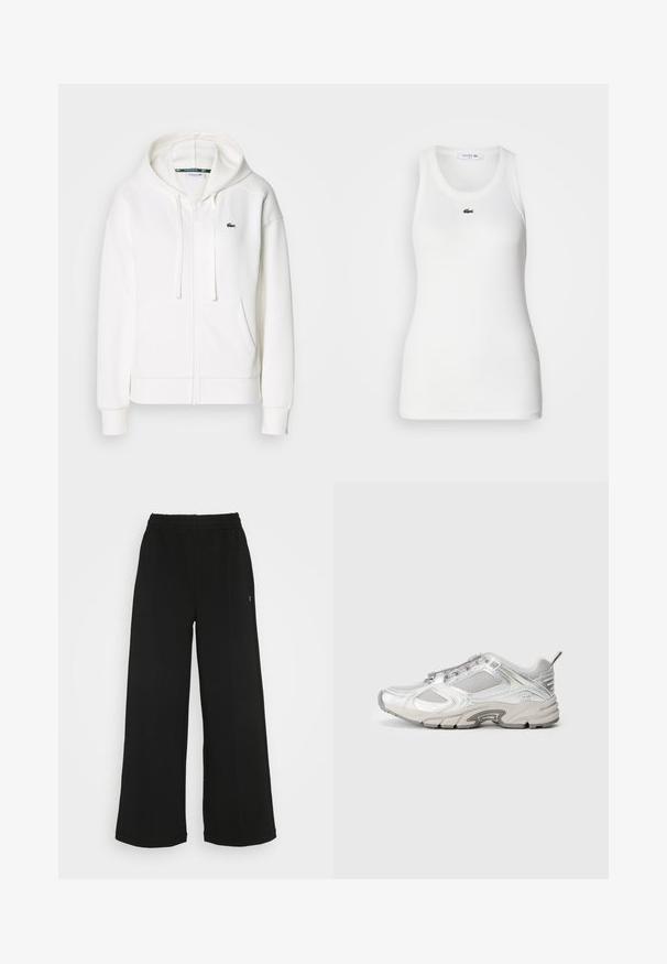 Witte zip-up hoodie gemaakt van zachte stof, met een capuchon, kangoeroezakken en een klein groen Lacoste-logo op de linkerborst.; Witte mouwloze tanktop met een ronde hals en geribbelde textuur. Heeft een klein groen Lacoste krokodillogo op de borst.; Zwarte wijde broek met een elastische tailleband. Gemaakt van een zachte, lichte stof. Heeft verticale naden aan de voorkant.; Hardloopschoenen in witte mesh met metallic accenten, textuur overlays en een dikke zool. Voorzien van een voorste vetersysteem en een achterste trekband.