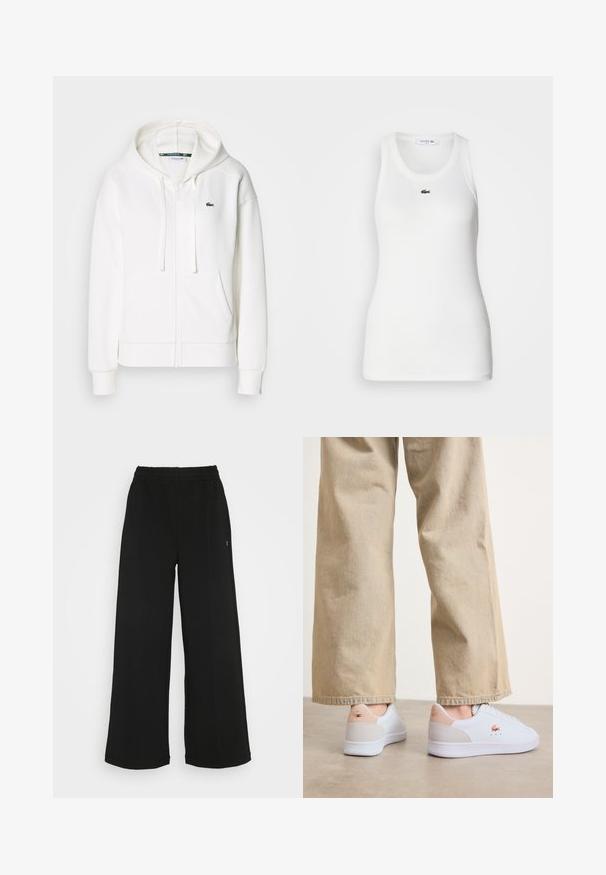Hvid zip hoodie lavet af blødt stof, med hætte, kængurulommer og et lille grønt Lacoste-logo på venstre bryst.; Hvid ærmeløs tanktop med rund halsudskæring og ribbet tekstur. Har et lille grønt Lacoste krokodillelogo på brystet.; Sorte brede bukser med elastisk talje. Fremstillet af et blødt, let materiale. Har lodrette syninger foran.; Hvide sneakers med en glat læderfinish, der har en beige ruskindsdetalje på hælen og diskret branding. Sammen med lyse beige bukser.