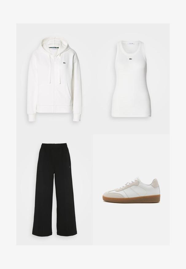 Witte zip-up hoodie gemaakt van zachte stof, met een capuchon, kangoeroezakken en een klein groen Lacoste-logo op de linkerborst.; Witte mouwloze tanktop met een ronde hals en geribbelde textuur. Heeft een klein groen Lacoste krokodillogo op de borst.; Zwarte wijde broek met een elastische tailleband. Gemaakt van een zachte, lichte stof. Heeft verticale naden aan de voorkant.; Witte leren sneakers met beige suède accenten, een gestructureerde tong en een rubberen zool. Voorzien van witte veters en subtiele gestikte details.