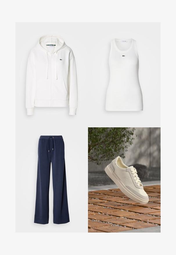 Hvid zip hoodie lavet af blødt stof, med hætte, kængurulommer og et lille grønt Lacoste-logo på venstre bryst.; Hvid ærmeløs tanktop med rund halsudskæring og ribbet tekstur. Har et lille grønt Lacoste krokodillelogo på brystet.; Marineblå brede benbukser lavet af blødt stof, der har en elastisk talje med snøre og logo detail på venstre forsiden af benet.; Hvid BOSS-sneaker med snørebånd, der svæver over et mønstret træ- og småstenbund, grøn busk og grå væg i baggrunden.