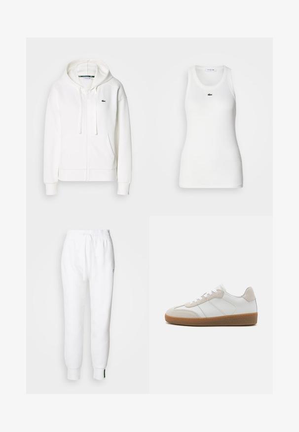 Valge lukuga kapuutsiga dressipluus, mis on valmistatud pehmest kangast. Sellel on kapuuts, konksukotid ja vasakul rinnal väike roheline Lacoste logo.; Valge ilma varrukateta särgid, millel on ümmargune kaelus ja ribastekstuur. Esipaneelil on väike roheline Lacoste krokodillide logo.; Valged jooksupüksid elastse vöökoha ja nööriga, küljepockets ja soonikute sooned. Pehme kangas, millel on tikkitud logo. ; Valged nahast spordijalatsid, millel on beežist sametist aksessuaarid, tekstureeritud keel ja kummitald. Omab valgeid paelu ja peeneid õmblusdetailide.