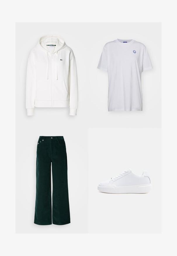 Biely zipsový mikina vyrobená z mäkkej tkaniny, s kapucňou, klokankovými vreckami a malým zeleným logom Lacoste na ľavej hrudi.; Biele bavlnené tričko s krátkymi rukávmi a okrúhlym výstrihom, s modrým smajlíkom na ľavej hrudi. Hladká látka bez vzorov.; Široké manžety z kordurovej látky tmavozelenej farby. Majú horizontálnu rebrovanú textúru, predné vrecká a zapínanie na gombík s výraznými značkovými prvkami.; Biely nízky topánok s viazaním na šnúrky, hrubou podrážkou a hladkým zvrškom, zobrazený z vonkajšej strany na jednoduchom svetlom pozadí.