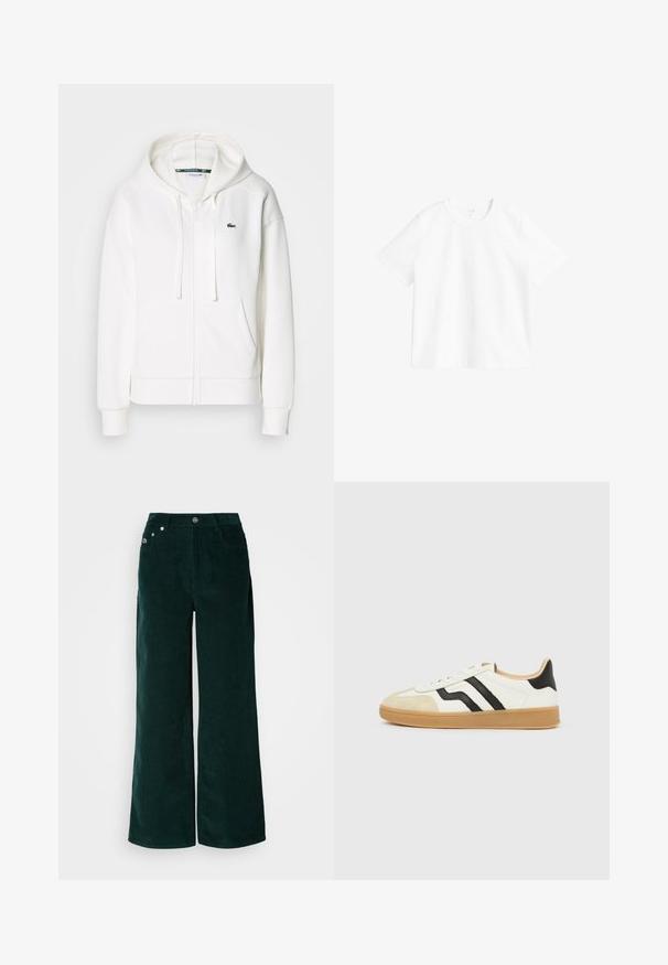 Weißer Reißverschluss-Hoodie aus weichem Stoff, mit Kapuze, Kängurutaschen und einem kleinen grünen Lacoste-Logo auf der linken Brust.; Ein schlichtes, weißes T-Shirt mit kurzen Ärmeln und Rundhalsausschnitt, auf einem weißen Hintergrund präsentiert, zeigt die Vorderansicht und minimale Nähdetails.; Weite Cordhosen in Dunkelgrün. Verfügen über eine horizontale, gerippte Textur, Vordertaschen und einen Knopfverschluss mit Markenakzenten.; Weißer Sneaker mit beiger Zehenkappe, schwarzen Seitenstreifen, hellbrauter Sohle und niedrigem Schnitt.