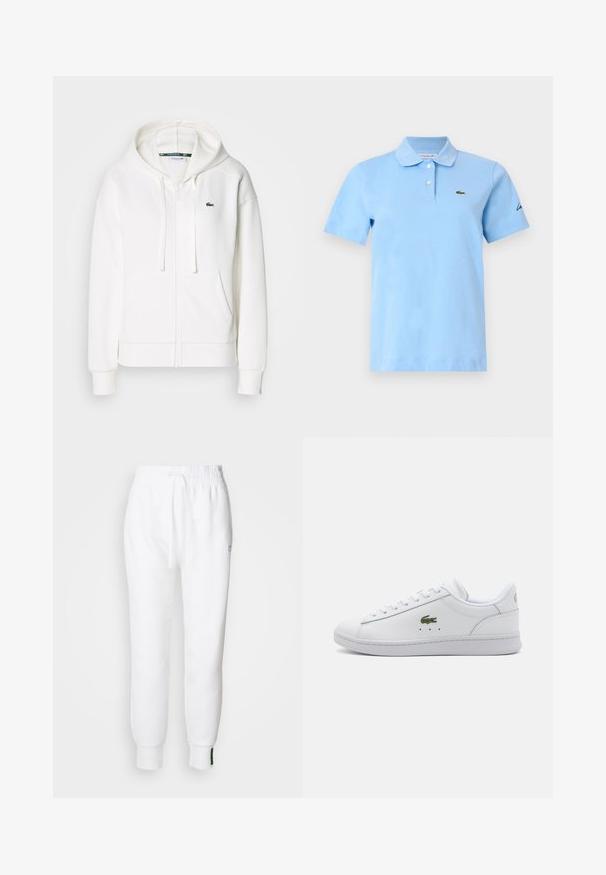 Hvid zip hoodie lavet af blødt stof, med hætte, kængurulommer og et lille grønt Lacoste-logo på venstre bryst.; Lyseblå kortærmet polo med to hvide knapper, en blød krave og et lille grønt krokodillelogo på venstre bryst.; Hvide joggerbukser med elastisk talje og snøre, der har sidelommer og ribbet manchetter. Blødt stof med broderet logodetalje.; Hvide lædersneakers med rund tå, snørebånd foran, grønt krokodillelogo og subtile sorte prikker; flad gummisål; minimalistisk design.